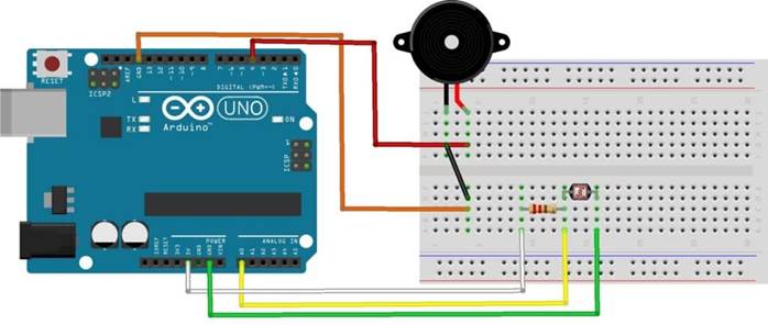 Shows the breadboard connections for the Arduino Theremin